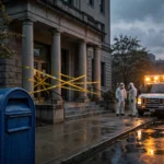 Hazmat responders in protective suits outside a US government elections office building at dusk, with yellow caution tape across the entrance and an ambulance's amber lights glowing — US postal mailbox in the foreground