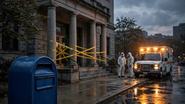 Hazmat responders in protective suits outside a US government elections office building at dusk, with yellow caution tape across the entrance and an ambulance's amber lights glowing — US postal mailbox in the foreground