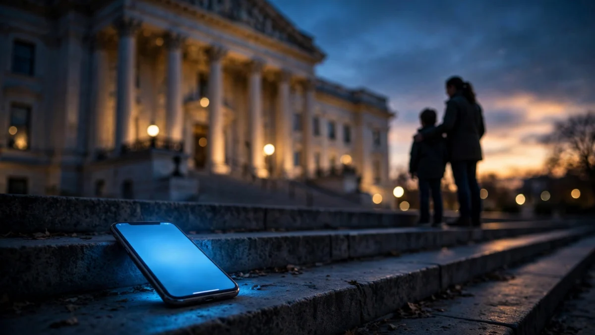 Smartphone with a glowing blue screen on courthouse steps at dusk, with a parent and child silhouette in the background, illustrating the Florida lawsuit against Discord over child safety.