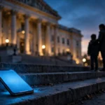 Smartphone with a glowing blue screen on courthouse steps at dusk, with a parent and child silhouette in the background, illustrating the Florida lawsuit against Discord over child safety.