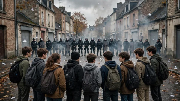 Teenage students with backpacks facing a line of riot police on a street in northern France during the school protests