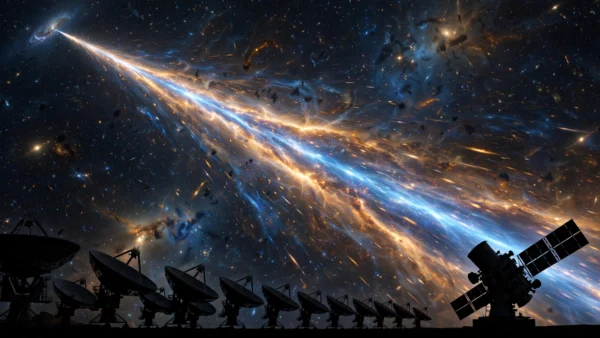 Illustration of a millisecond-long fast radio burst streaking from a small distant dwarf galaxy across the expanding cosmos toward Earth, with radio and space telescope silhouettes, on a 16:9 photorealistic editorial background