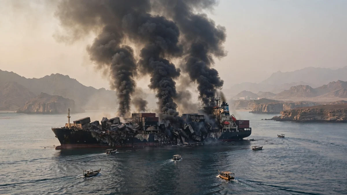 Burning container ship in the Strait of Hormuz with thick black smoke columns rising, rescue boats approaching, Omani coastline in background
