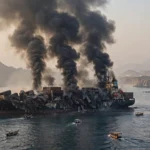 Burning container ship in the Strait of Hormuz with thick black smoke columns rising, rescue boats approaching, Omani coastline in background