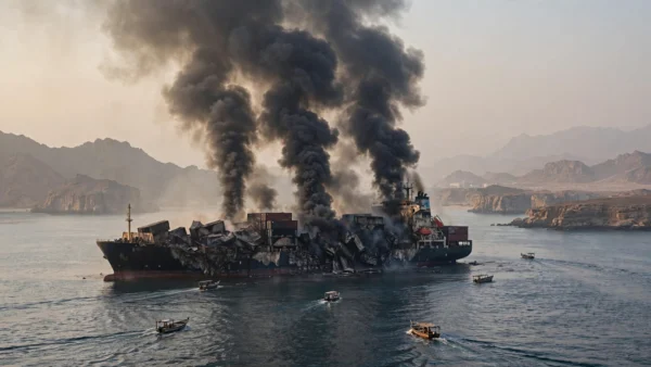 Burning container ship in the Strait of Hormuz with thick black smoke columns rising, rescue boats approaching, Omani coastline in background