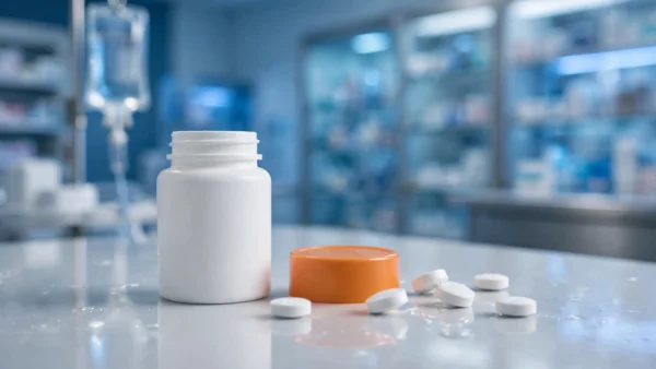 Prescription medicine bottle and white tablets on a hospital pharmacy counter, representing the newly FDA-approved oral drug HOVILPRI (pritelivir)