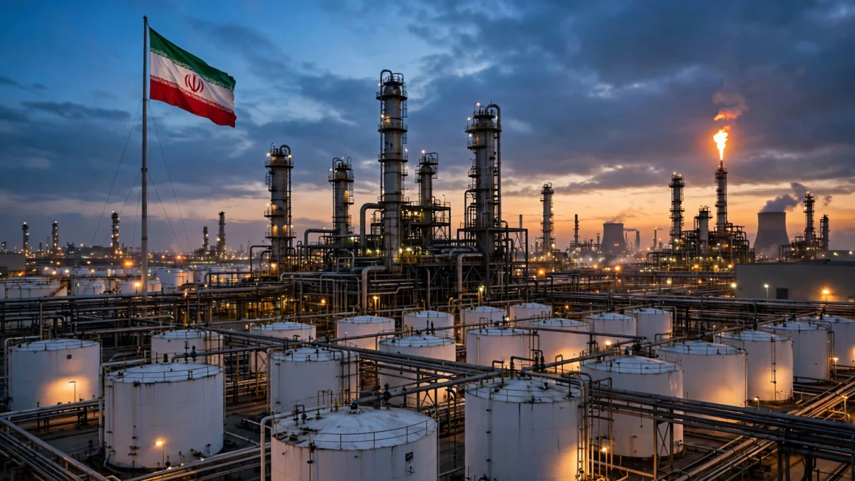 An Iranian oil refinery with distillation towers and storage tanks at dusk, with the Iranian flag flying
