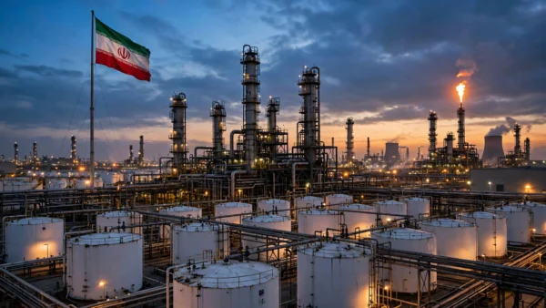 An Iranian oil refinery with distillation towers and storage tanks at dusk, with the Iranian flag flying