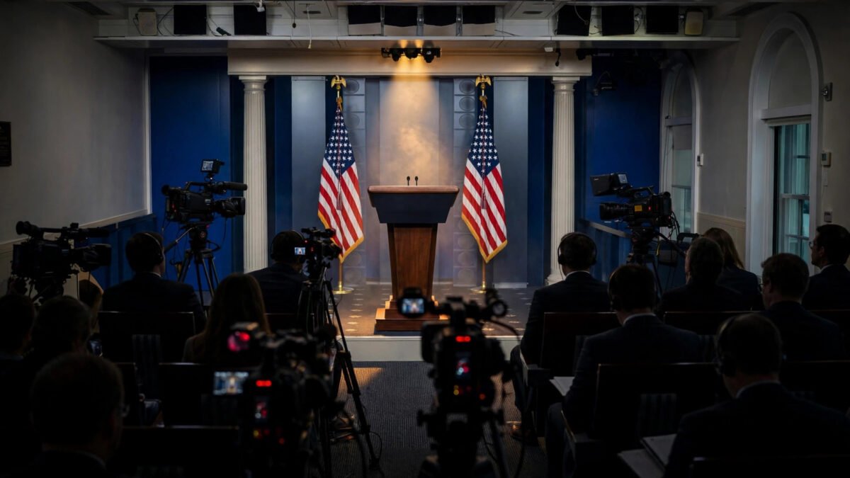The White House press briefing room with an empty podium, American flags and television cameras