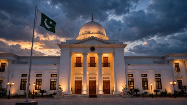 The Khyber Pakhtunkhwa Assembly building in Peshawar at dusk with the Pakistani flag flying, as the federal government weighs emergency measures in the province.