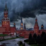 The red-brick towers of the Moscow Kremlin under stormy dusk clouds, symbolising the Kremlin's rejection of a 60-day Ukraine ceasefire.