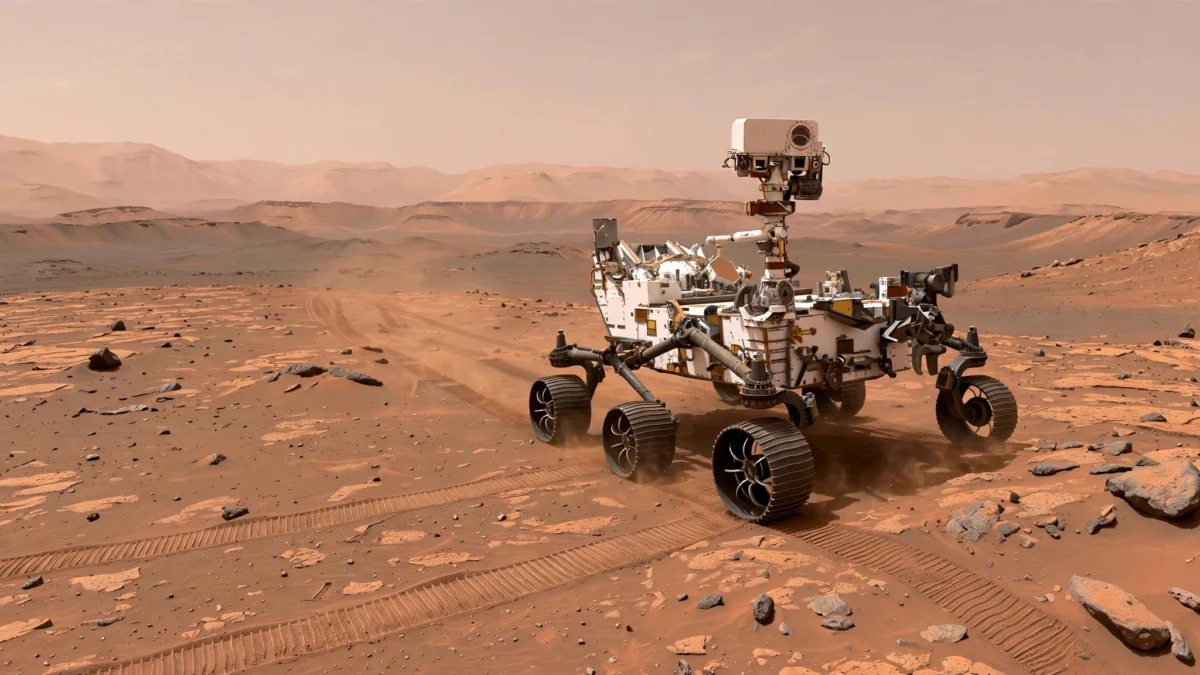 Photorealistic illustration of NASA's six-wheeled Perseverance rover driving across Mars' Jezero Crater rim, red dust, distant crater edge, deep blue sky.
