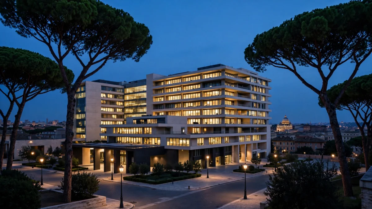 Agostino Gemelli University Hospital in Rome at dusk, where Pope Leo XIV underwent successful surgery to remove part of his right lung after a lung cancer diagnosis.