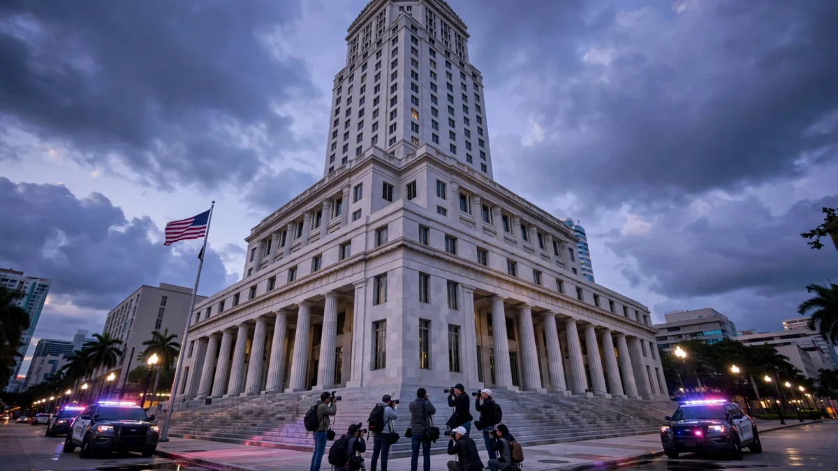 Press photographers on the steps of the federal courthouse in Miami at dusk, with the US flag and police vehicles nearby, after former congressman David Rivera was sentenced to 10 years in prison