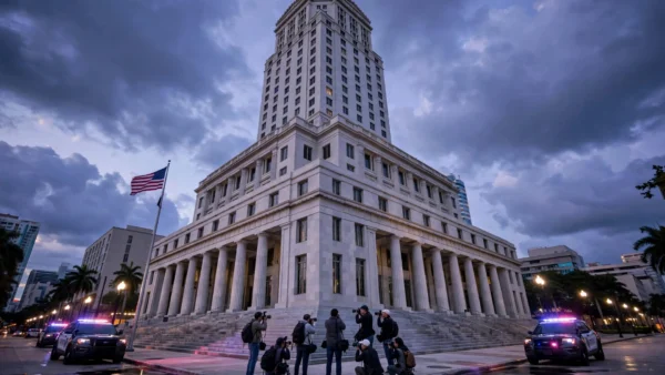 Press photographers on the steps of the federal courthouse in Miami at dusk, with the US flag and police vehicles nearby, after former congressman David Rivera was sentenced to 10 years in prison