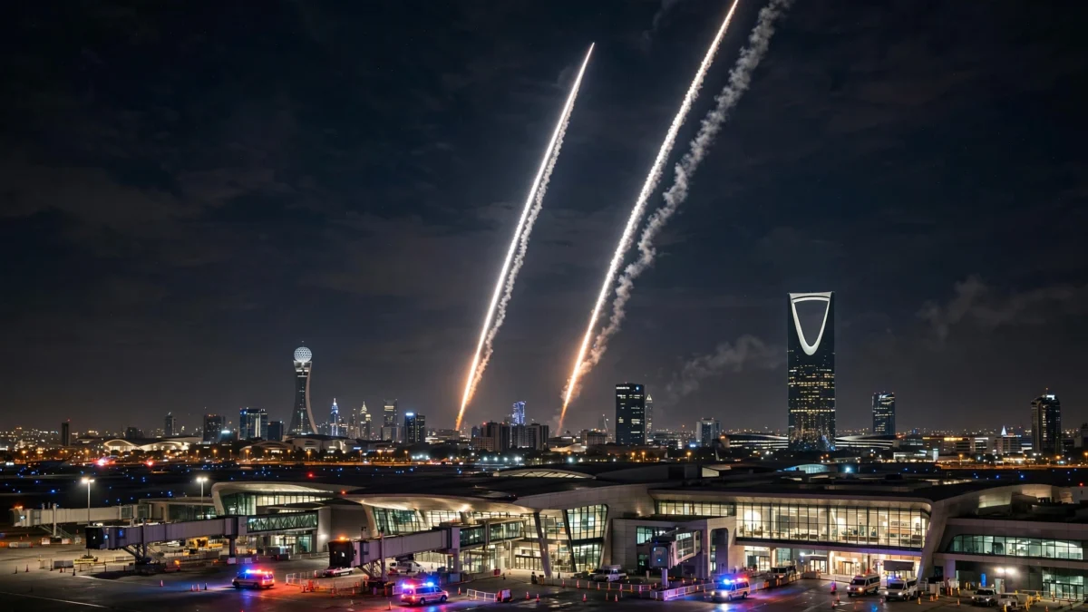 Photorealistic editorial image of Riyadh's skyline at night with air-defence interceptor trails crossing the dark sky and emergency lights glowing near an airport, illustrating Monday evening's missile interceptions.