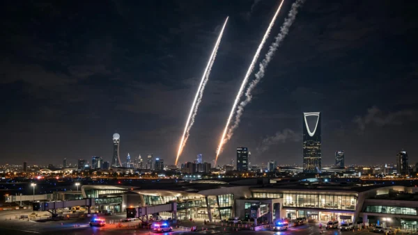 Photorealistic editorial image of Riyadh's skyline at night with air-defence interceptor trails crossing the dark sky and emergency lights glowing near an airport, illustrating Monday evening's missile interceptions.