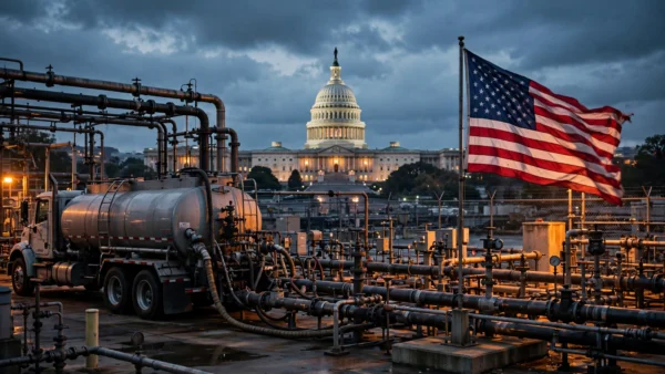 US Capitol dome at dusk with a diesel tanker truck and fuel pipelines in the foreground under an American flag, illustrating the Senate row over Trump's Russian diesel deal