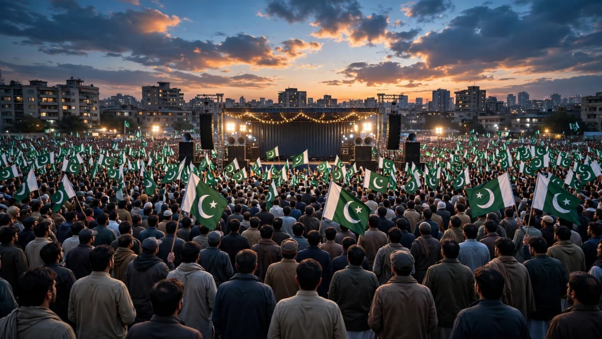 A large crowd of political supporters waving green-and-white Pakistani flags at a floodlit outdoor rally in Pakistan at dusk