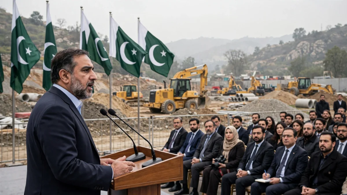 A government leader at a podium addressing an outdoor official ceremony in Islamabad, with Pakistani flags and construction machinery in the background