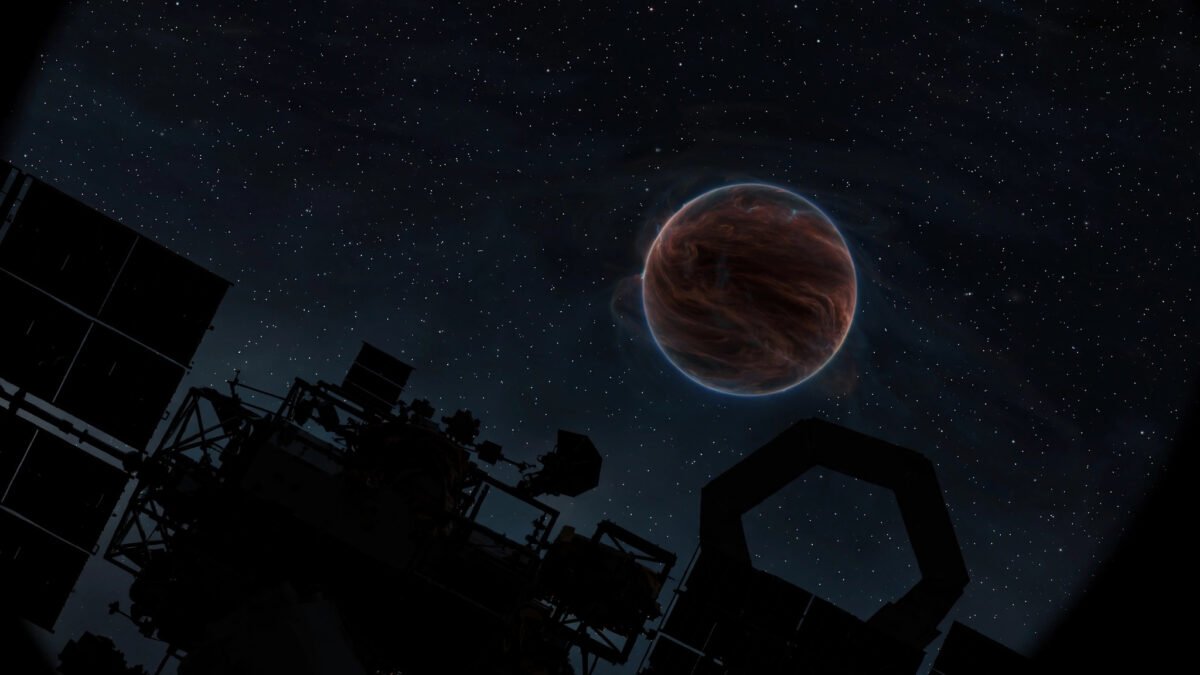 A solitary brown dwarf glowing dimly red-brown with swirling clouds against a dark star field, observed by a silhouetted space telescope.