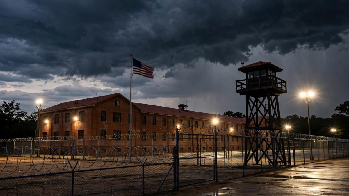 The Texas State Penitentiary at Huntsville at dusk, with a guard tower, barbed-wire fences, floodlights and an American flag under a stormy sky.