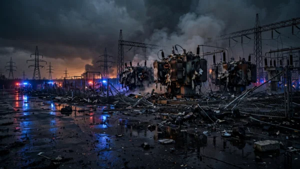 Damaged electrical power substation with burning transformers and rising smoke at night after strikes on Ukrainian energy infrastructure