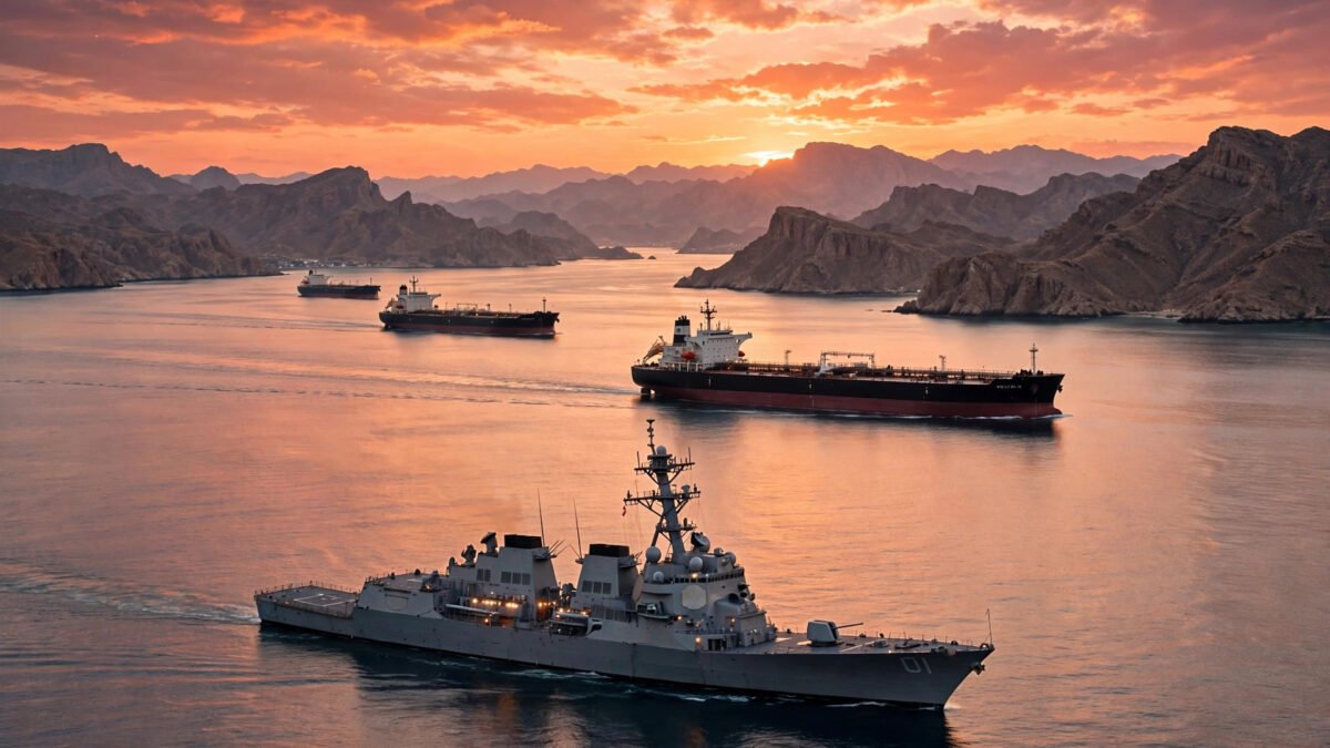 A US Navy warship escorts oil tankers through the Strait of Hormuz at dusk as Trump rules out new Iran strikes before the November 3 midterm elections