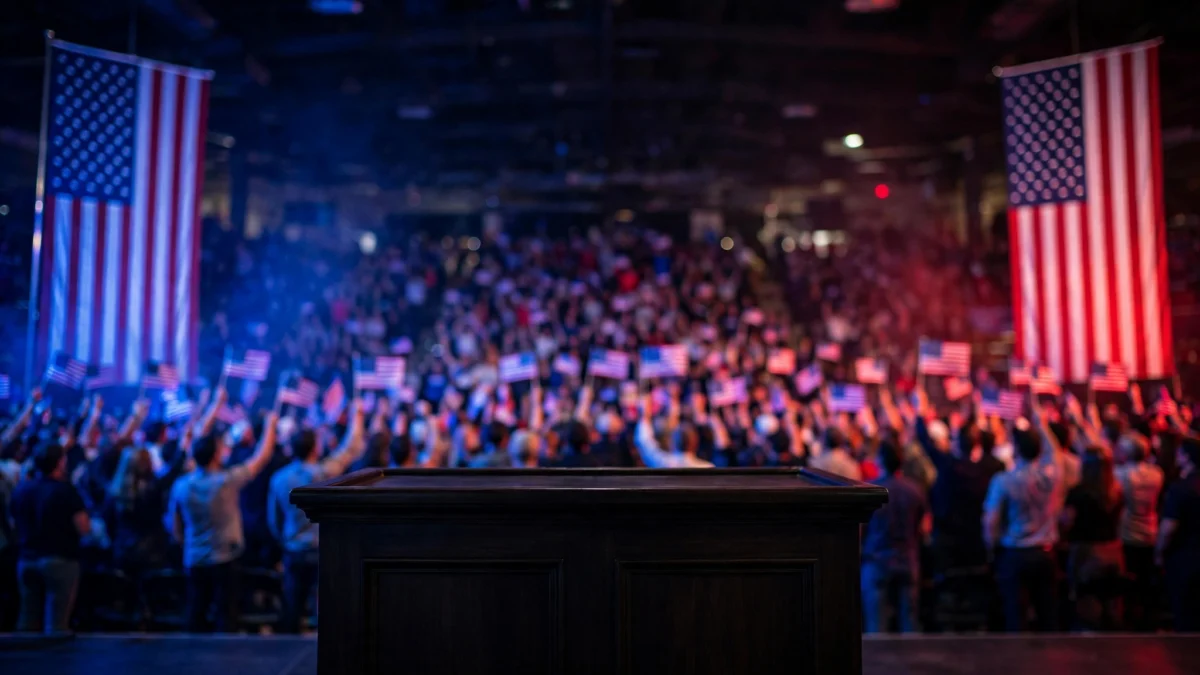 A packed campaign rally arena at night, with a podium on stage, large American flags and supporters waving small flags