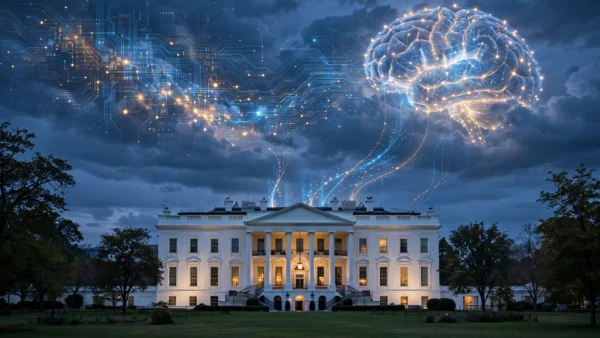 The White House at dusk with a glowing AI neural-network motif in the night sky, illustrating the new Super Intelligence Force AI task force