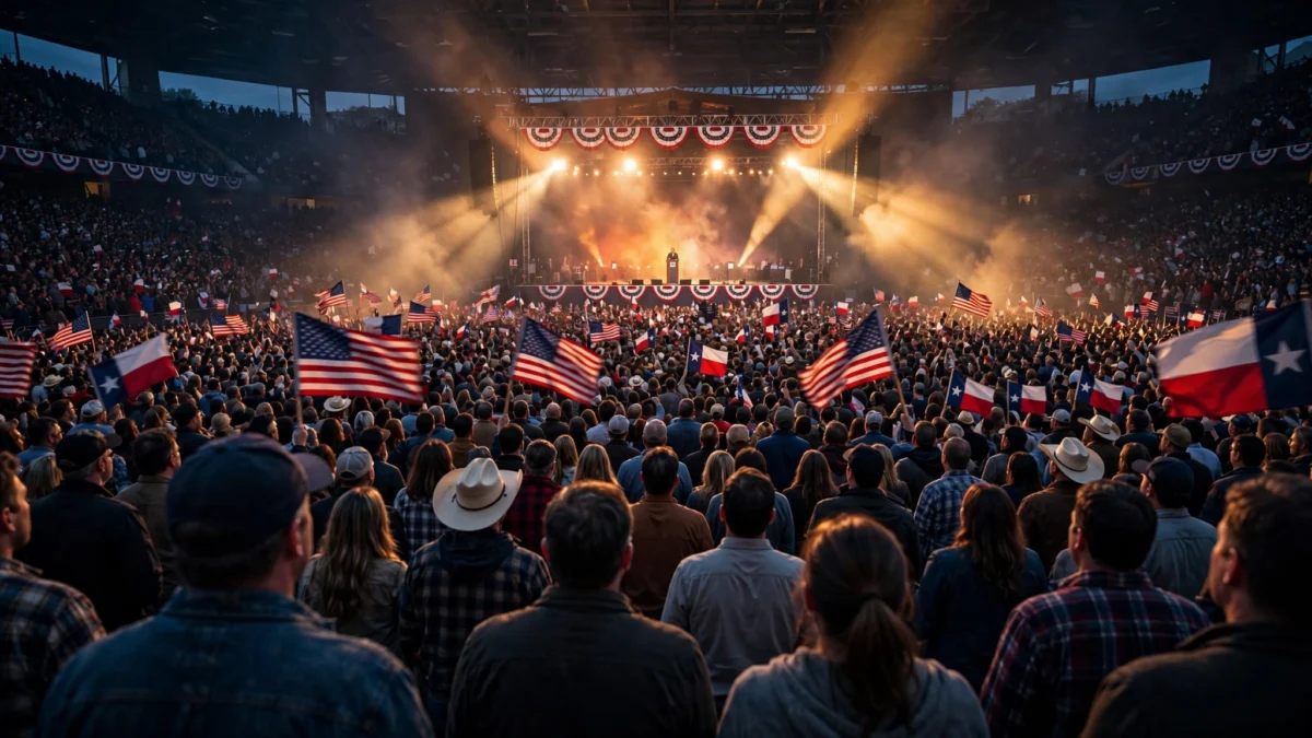 A packed campaign rally at dusk in a Texas arena, with supporters waving American and Texas lone-star flags as a speaker takes the stage under spotlights