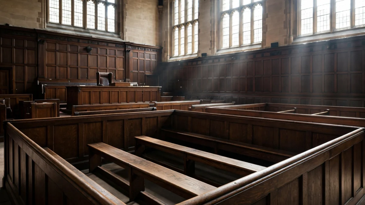 Empty historic British Crown Court courtroom with wooden benches and tall arched windows, symbolising the UK's jury justice system