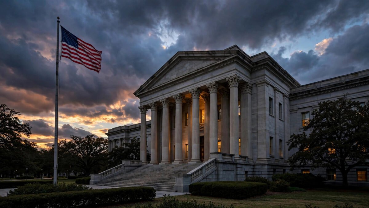 A federal courthouse in Washington D.C. at dusk with the American flag flying, symbolising the court ruling against the Justice Department's voter-roll audit.