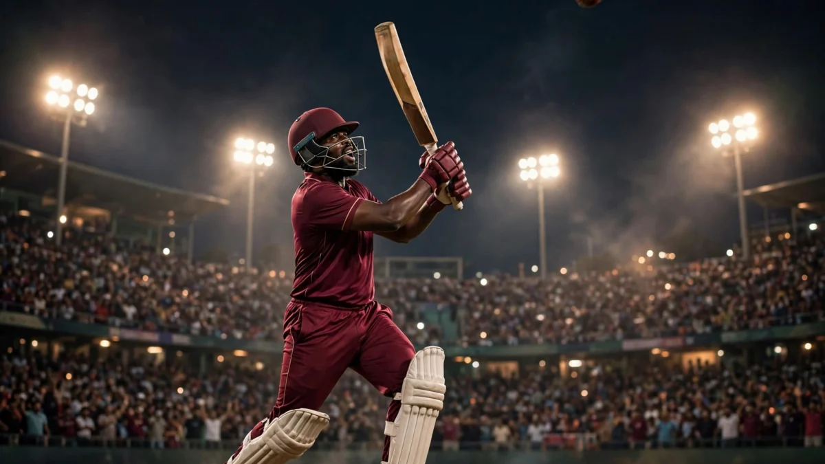 West Indies batsman launching a six under floodlights during a night T20 match in a packed stadium