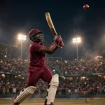 West Indies batsman launching a six under floodlights during a night T20 match in a packed stadium