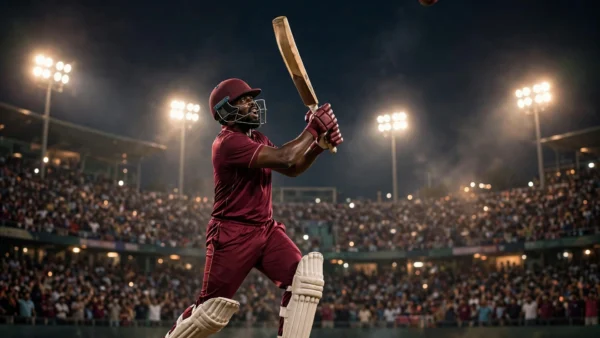 West Indies batsman launching a six under floodlights during a night T20 match in a packed stadium