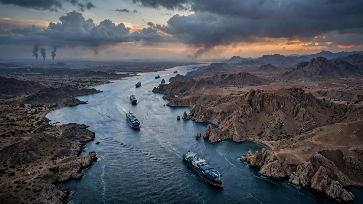 Aerial view of the Bab el-Mandeb Strait at dusk with container ships passing through the channel between Yemen's rocky headlands