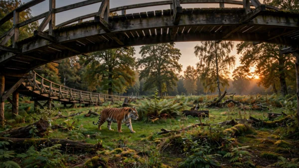 A majestic Amur tiger walking through a grassy woodland enclosure at a British wildlife park at dusk, seen from a raised visitor walkway.