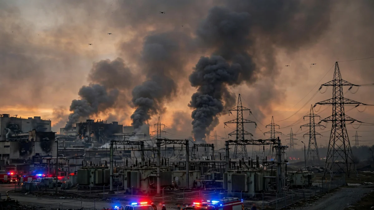 Damaged Ukrainian power plant with smoke columns rising at dusk after reported Russian drone strikes