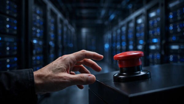 A human hand reaching for a red emergency-stop button on a dark AI control console in a data center with glowing blue server racks.