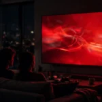 A couple silhouetted on a couch watching a large glowing red television screen in a dark living room — representing Netflix's streaming business