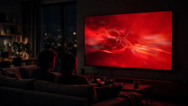 A couple silhouetted on a couch watching a large glowing red television screen in a dark living room — representing Netflix's streaming business