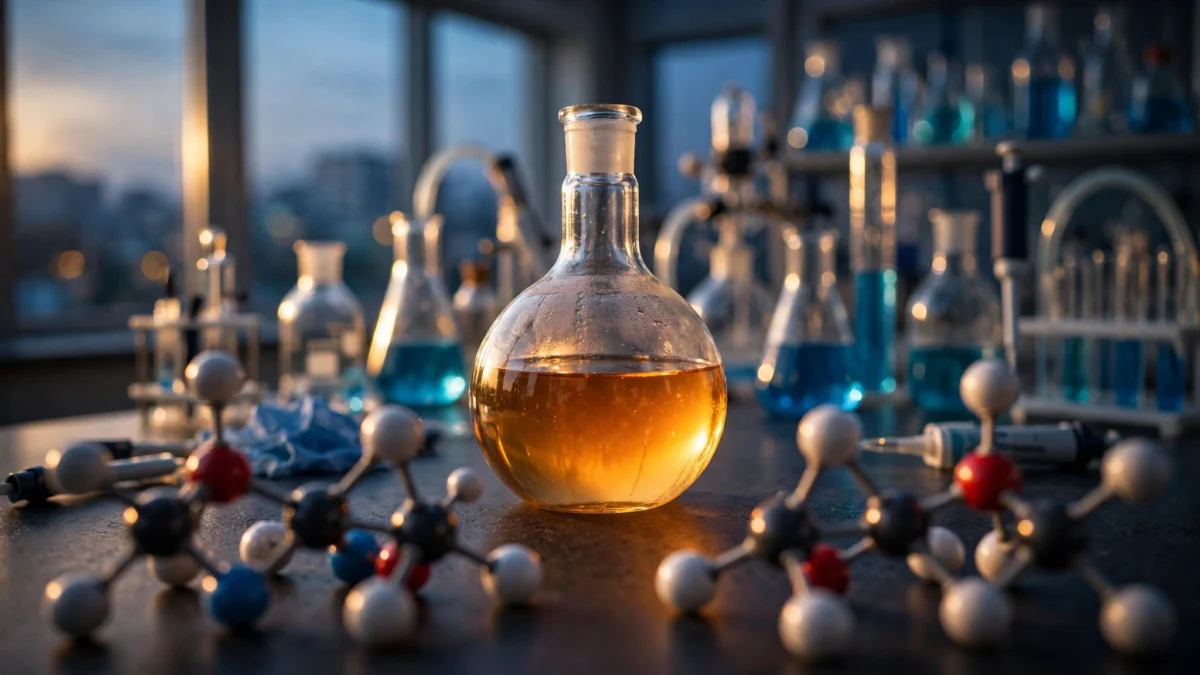 A chemistry laboratory bench with a large flask of amber liquid and ball-and-stick molecular models arranged as mirror-image pairs