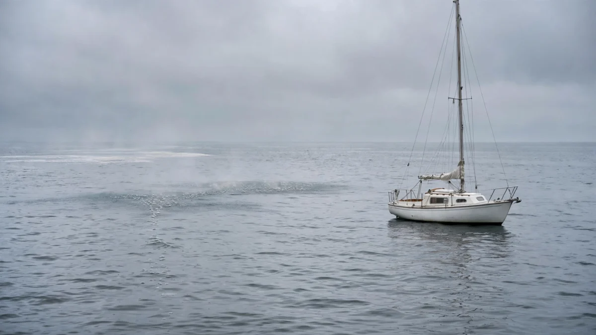 A small white sailing yacht on the grey Baltic Sea with gas bubbles breaking on the water surface under an overcast sky