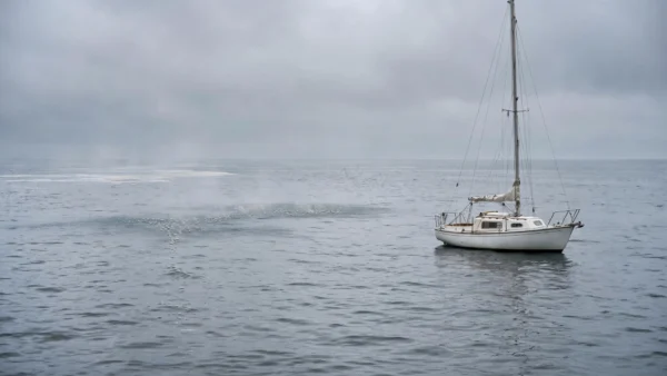 A small white sailing yacht on the grey Baltic Sea with gas bubbles breaking on the water surface under an overcast sky