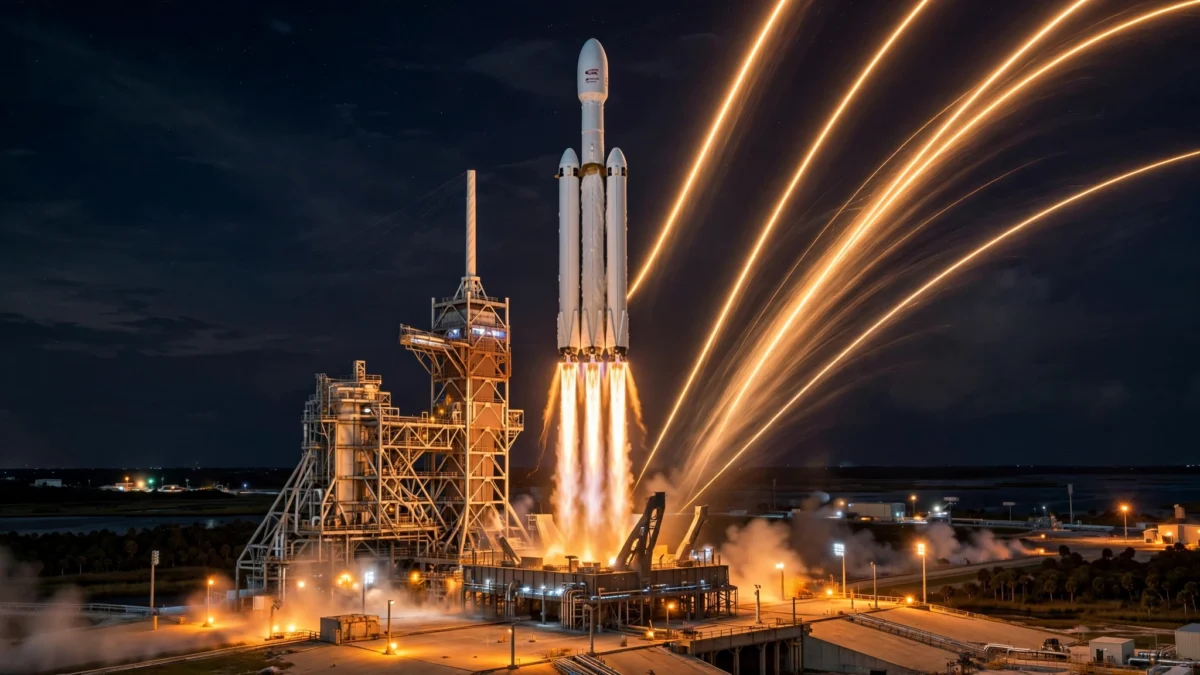 SpaceX Falcon Heavy rocket lifting off from Kennedy Space Center at night on a classified national security mission