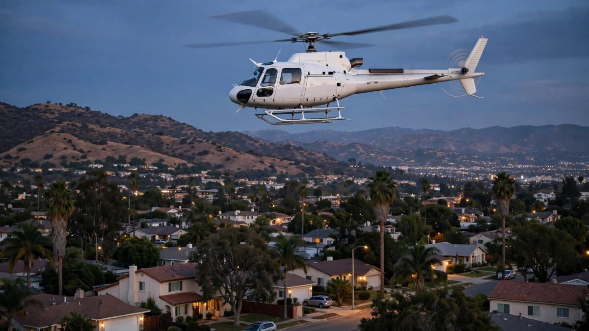 A television news helicopter flying over a suburban Los Angeles neighborhood at dusk, with the San Fernando Valley hills in the background