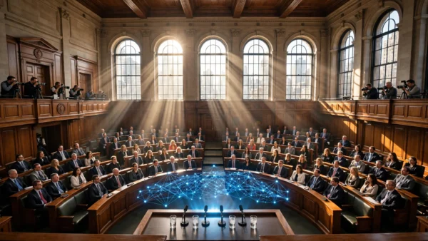City council chamber with a witness table and glowing AI motif ahead of the sworn AI-safety hearing