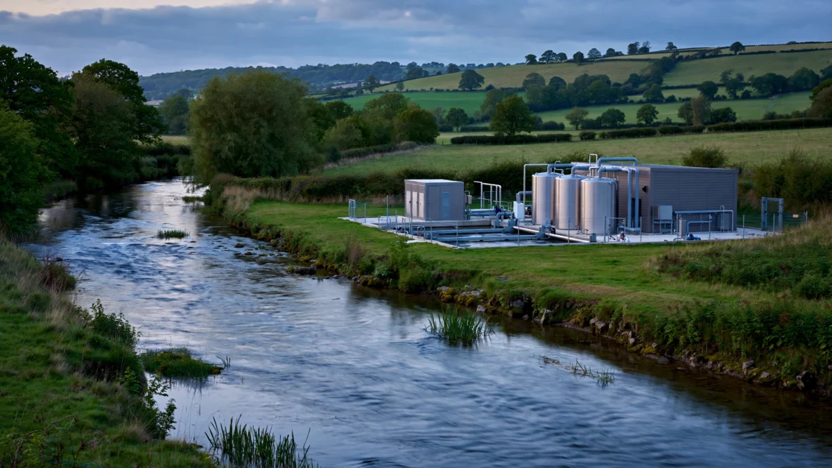 A clear British river flowing past a small water treatment plant at dusk, symbolising the water industry under regulatory pressure
