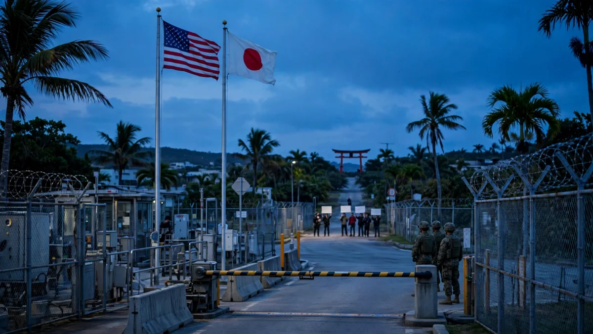 American and Japanese flags fly side by side at dusk outside a US Marine base gate in Okinawa, with a distant crowd holding blank placards and security personnel standing nearby — editorial illustration of the month-long curfew imposed after a Marine's arrest.